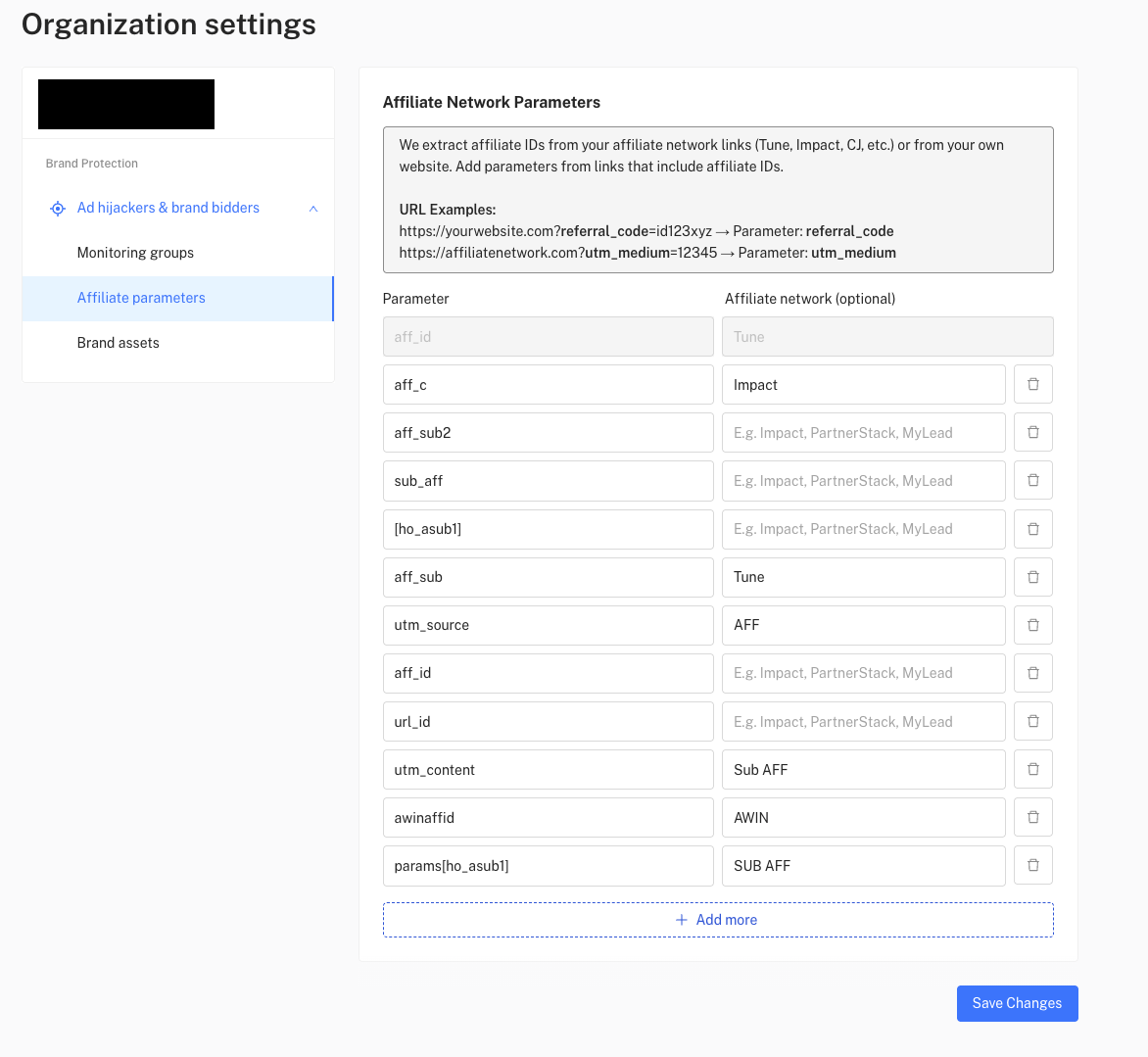 Affiliate Network Parameters configuration in Organization settings