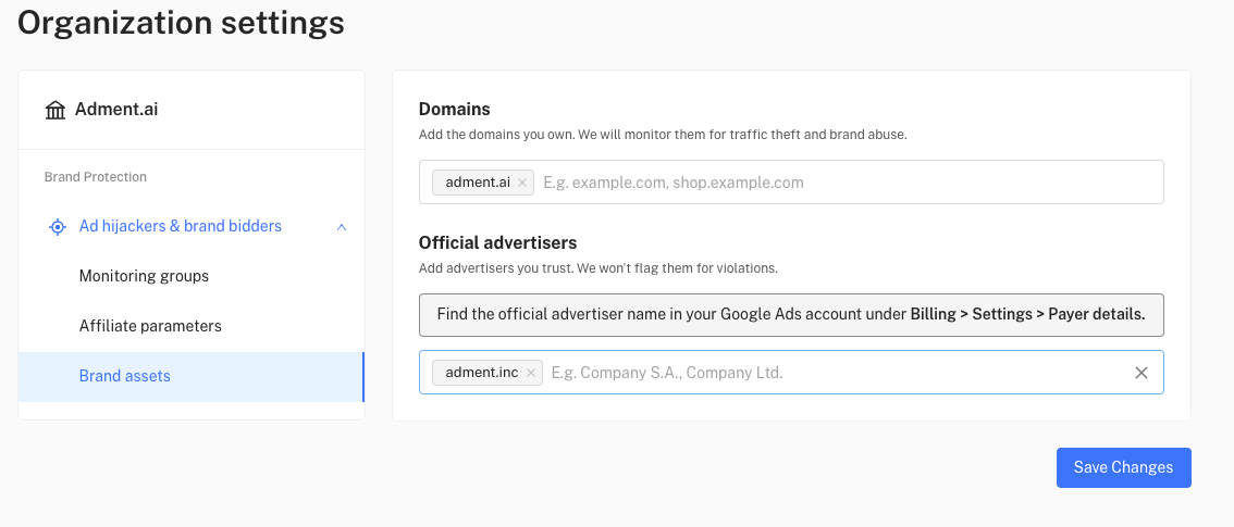 Brand assets configuration in Organization settings