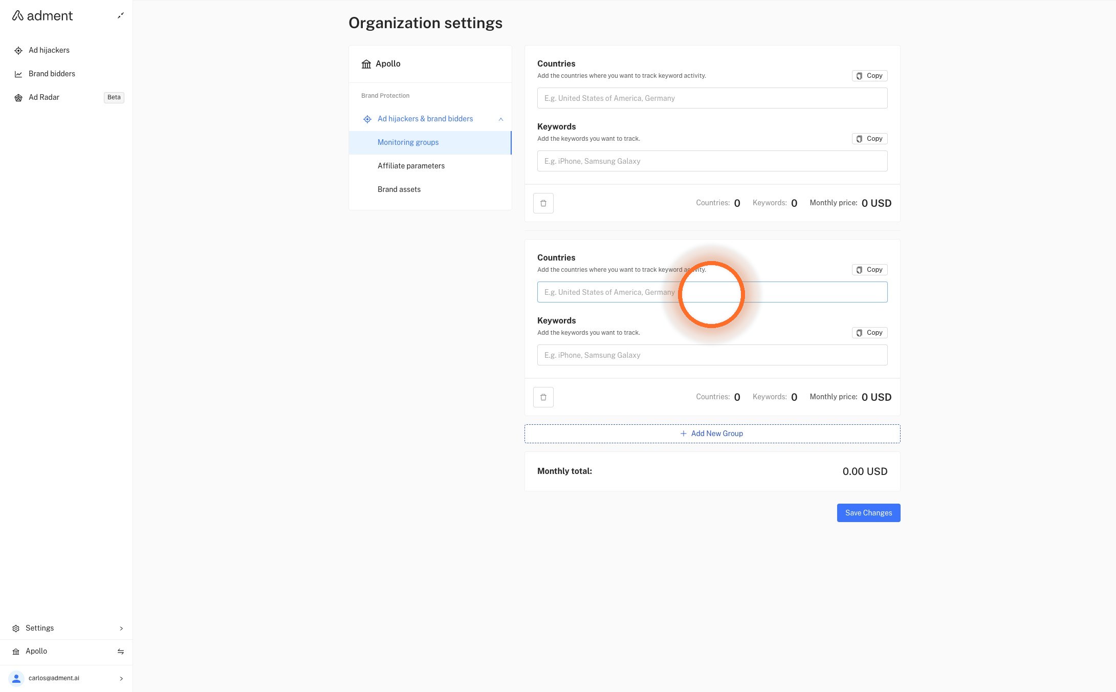 Add the countries you wish to monitor. This affects the pricing.