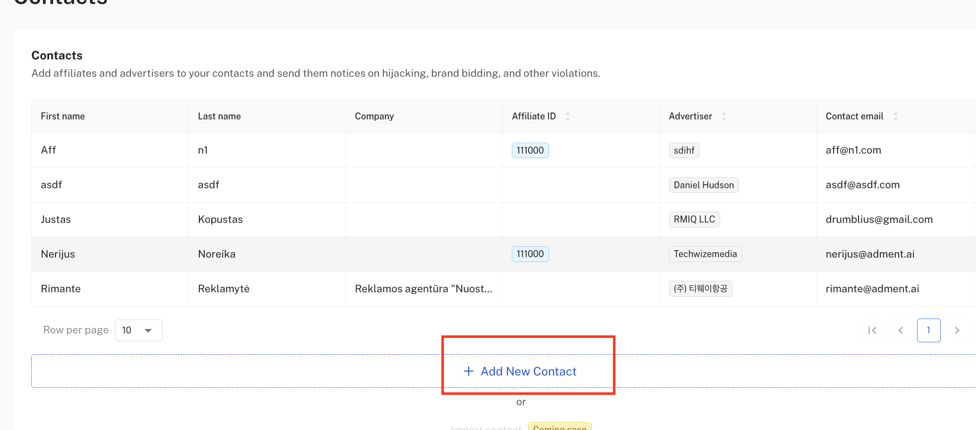 Here you can add new contacts and manage your existing ones. Let's go to Add New Contact at the bottom of the screen.