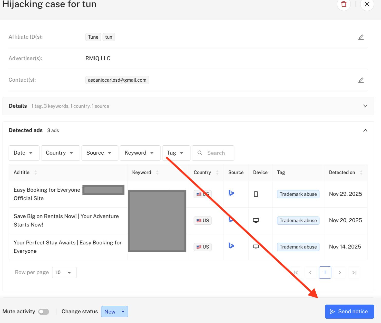 At the bottom right of the case details, you will see a "Send notice" button.