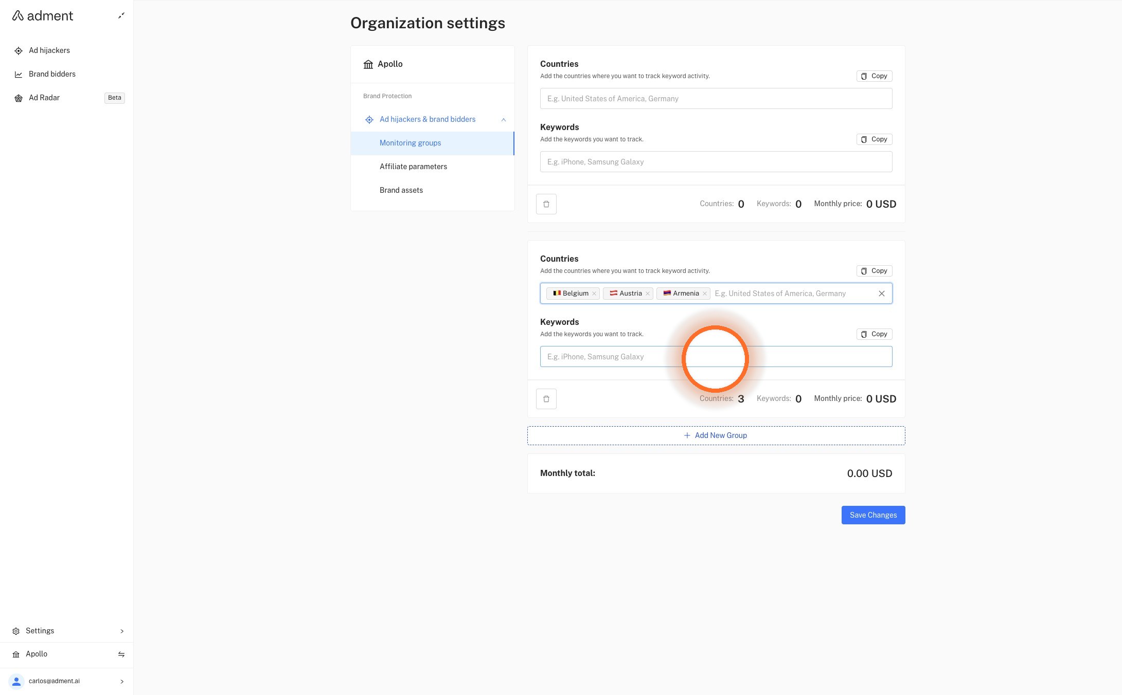 Add the keywords you wish to monitor.