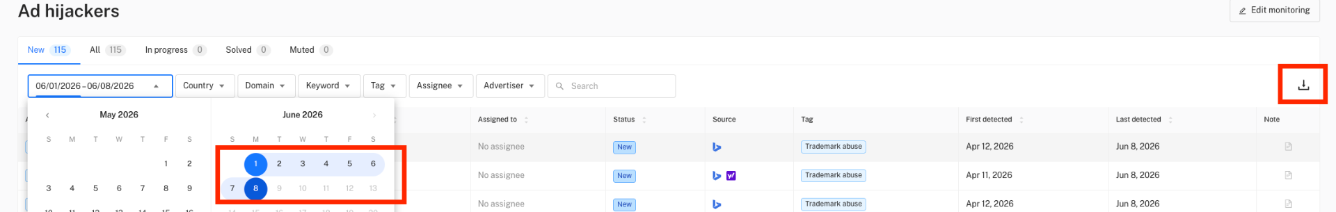 Export date filter