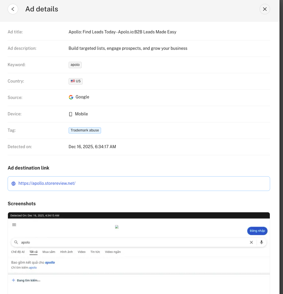 Brand bidders ad details view