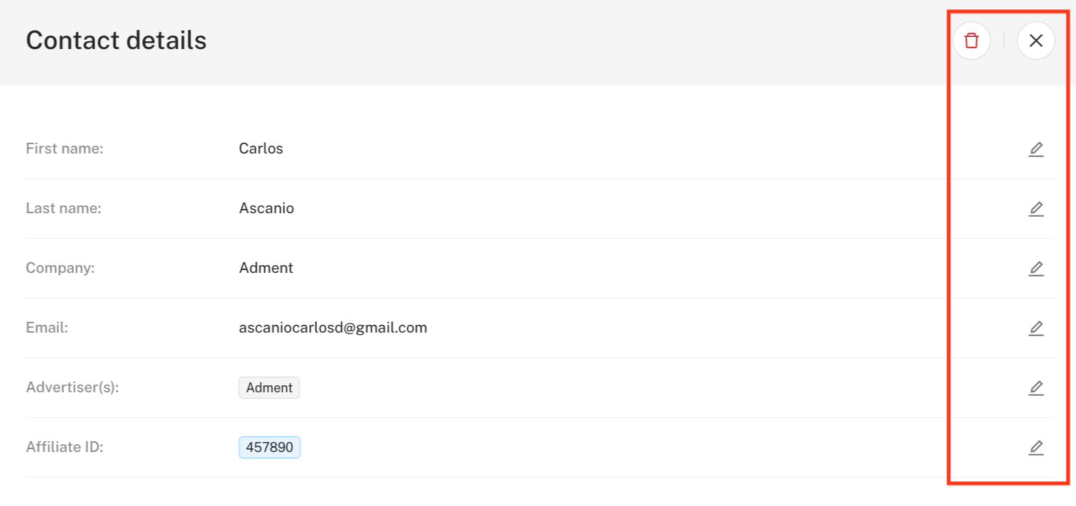 Once a contact has been created, you can always click it to modify or delete it.