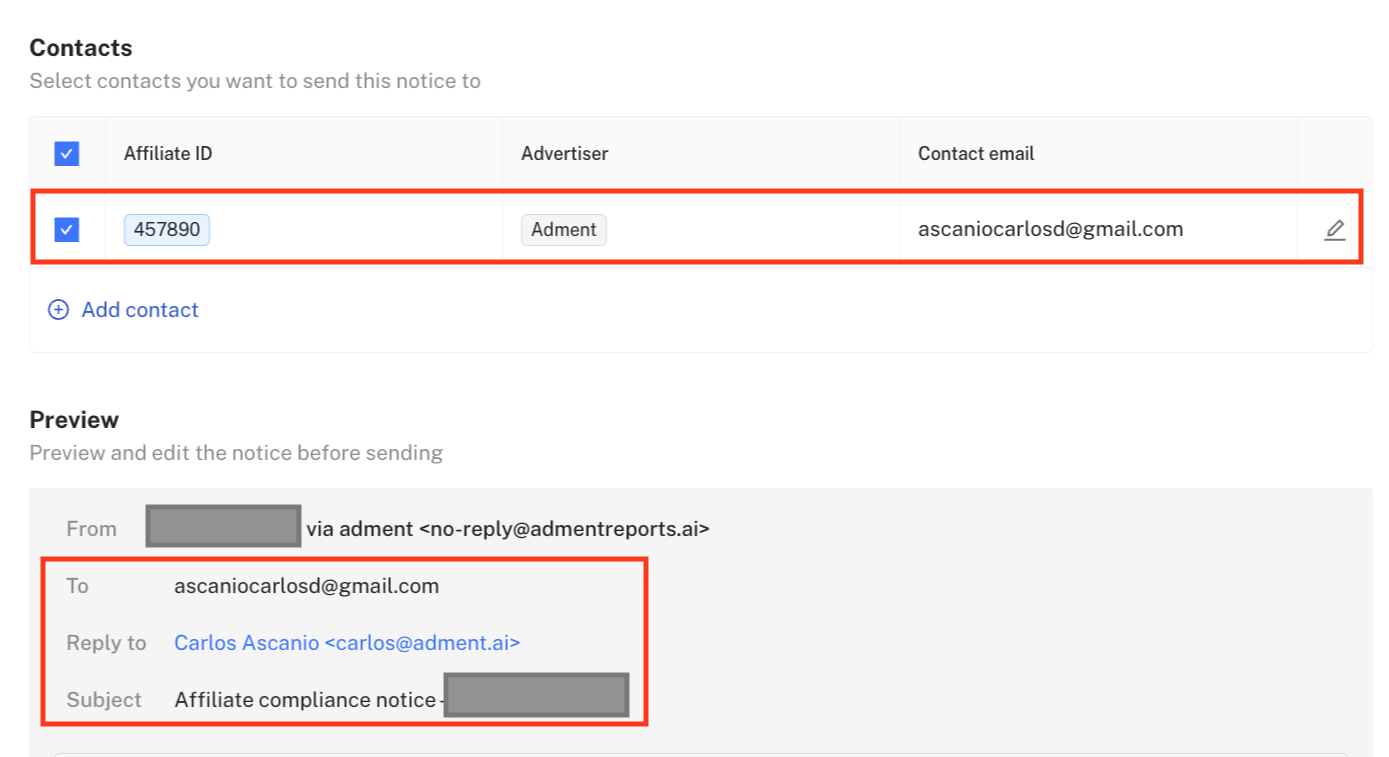This will open the notice section, where you will select the advertiser in question, previewing the recipient and the content.